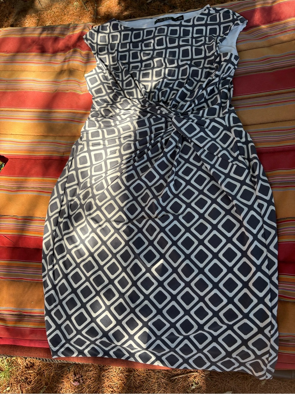 Ralph Lauren Black and White Geometric Twist-Front Midi Dress